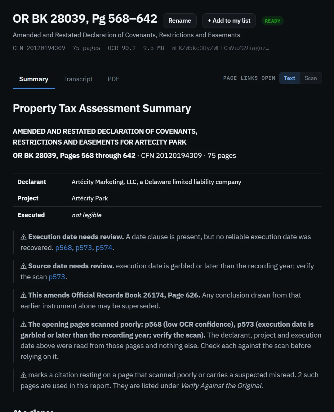 A property tax assessment summary in SwiftDocPro, with the document title, recording details and flagged scan warnings.